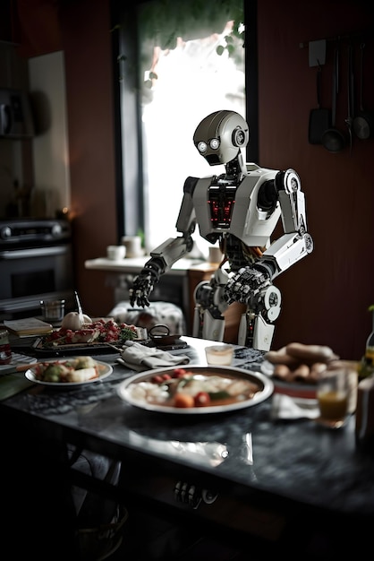 Robot domestic assistance cooking food at the kitchen at home Artificial intelligence helping people with housework Generated AI