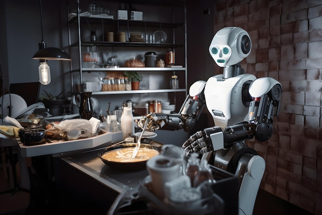 Robot domestic assistance cooking at home Artificial intelligence helping people with housework Futuristic concept Generated AI