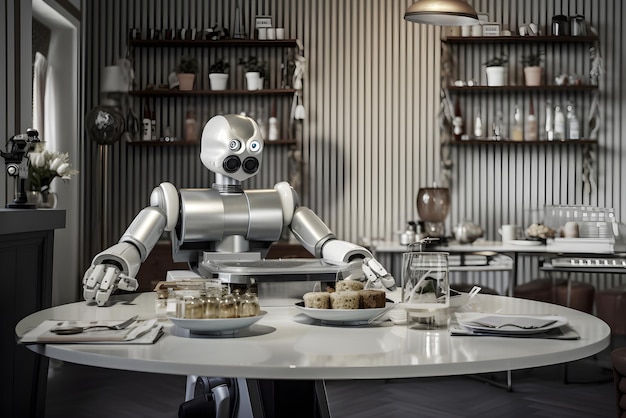 Robot domestic assistance serving food to the table Artificial intelligence helping people with housework Futuristic concept Generated AI