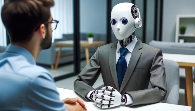 A robot donning a tie listens to a human candidate during an interview in a sleek office setting