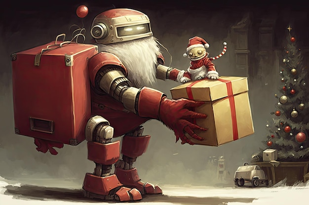 Robot dressed as santa and delivering presents to children