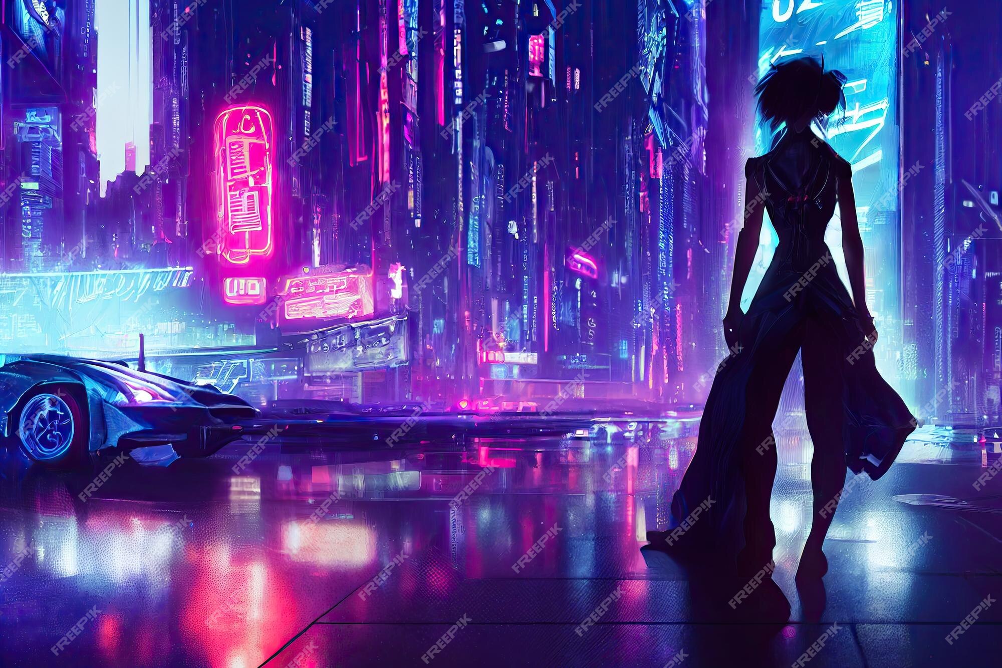 Premium Photo  Woman in a futuristic outfit in the middle of a cyberpunk  city, neon lights