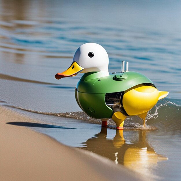 robot duck standing in beach