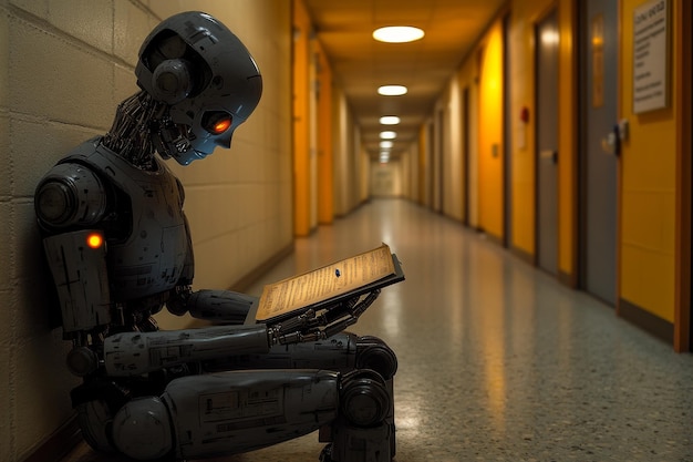 Robot in a dystopian setting reading a book depicting the blend of artificial intelligence with hum