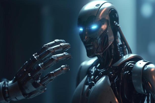 Robot en man handen in handdruk ai technologie holografische AI gegenereerde afbeelding