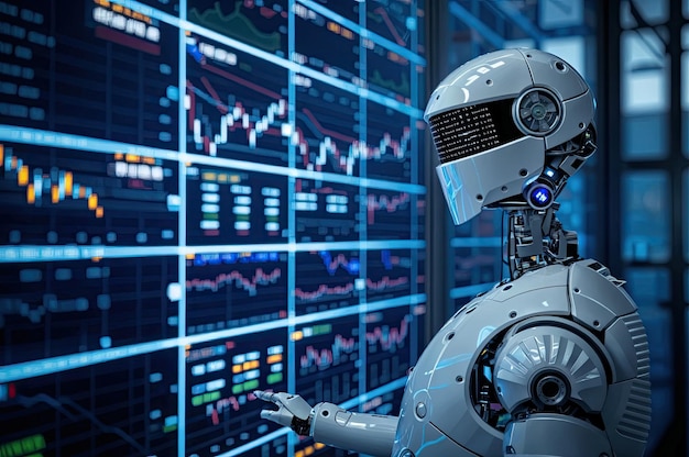 A robot engaged in a screen displaying stock trading and cryptocurrency analysis