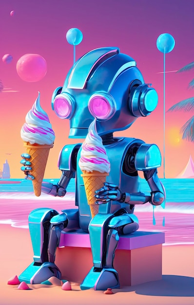 Robot enjoying ice cream on the beach