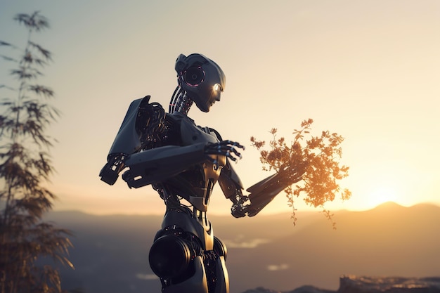 The robot explore a nature plant standing in agricultural field