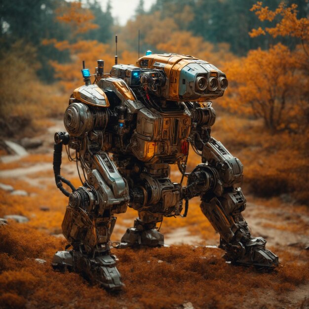 Photo a robot exploring a deserted planet trail cam footage