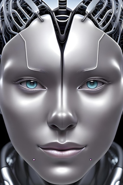 Photo a robot face with blue eyes and a silver face.