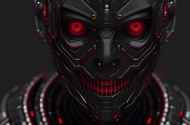 Robot face with red eyes glowing and smiling