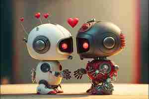 Photo robot faces at each other with red hearts on their heads