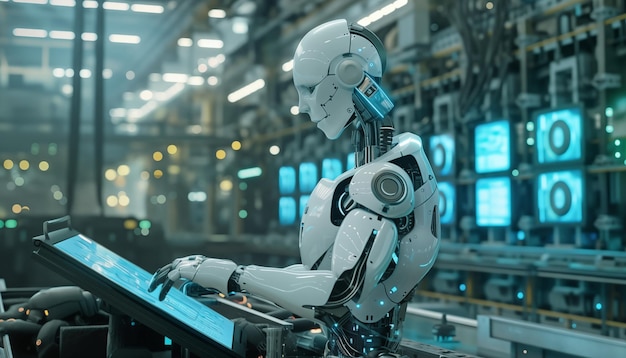 A robot in a factory controls processes on the screen Humanoid robot in smart factory tech Digital