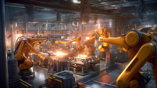 A robot in a factory with a large number of robots on the floor.