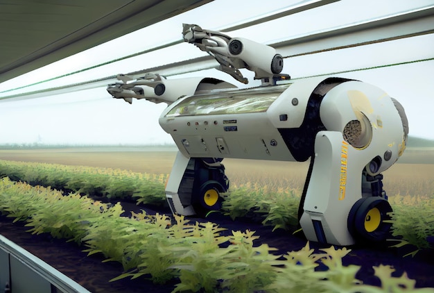 Robot farming harvesting agricultural products in greenhouse Innovative futuristics technology and 5G smart farming concept Generative AI