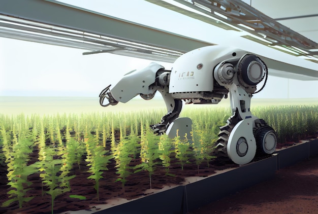 Robot farming harvesting agricultural products in greenhouse Innovative futuristics technology and 5G smart farming concept Generative AI