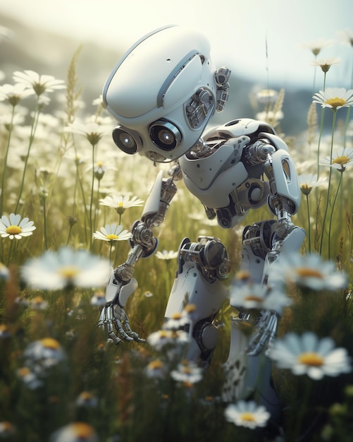 A robot in a field of daisies