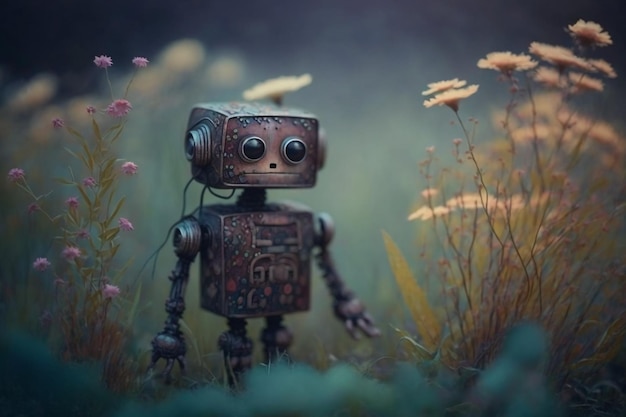 A robot in a field of flowers