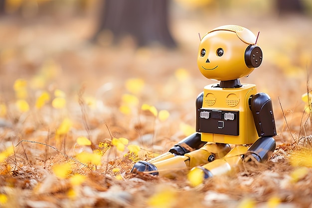 Робот в поле Забавный робот в поле желтых цветов Концепция Хэллоуина