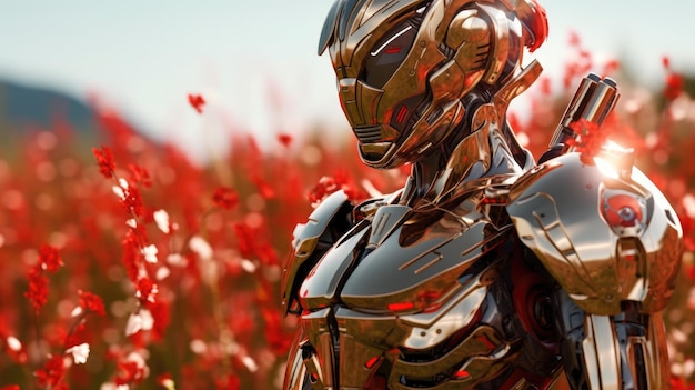 A robot in a field of red poppies