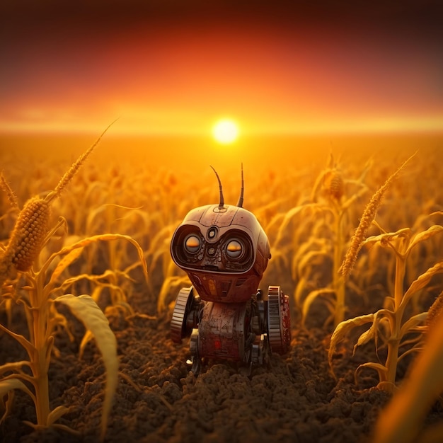 a robot in a field of wheat with the sun behind it