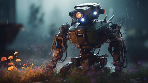 A robot in a field with the word robot on it