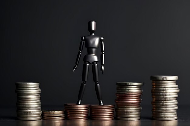 a robot figurine standing on a pile of coins