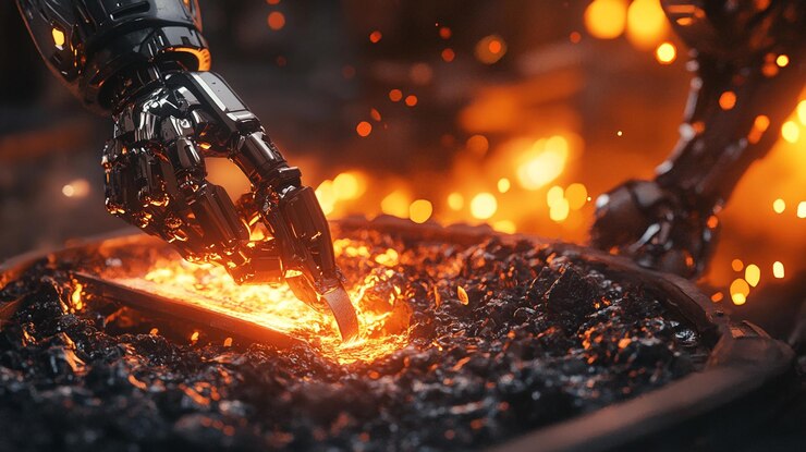 a robot in a fire with a burning background