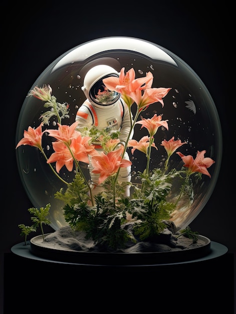 a robot in a fish bowl with flowers in it