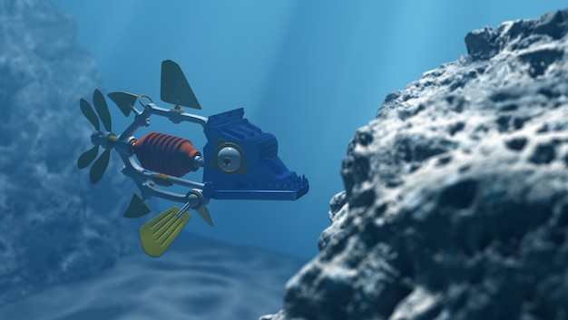 深海でのロボットフィッシュ、3dレンダリング
