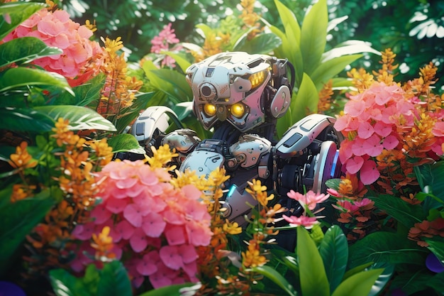 Robot and flowers on nature Robot's as a symbol of connection between nature and artificial intellig