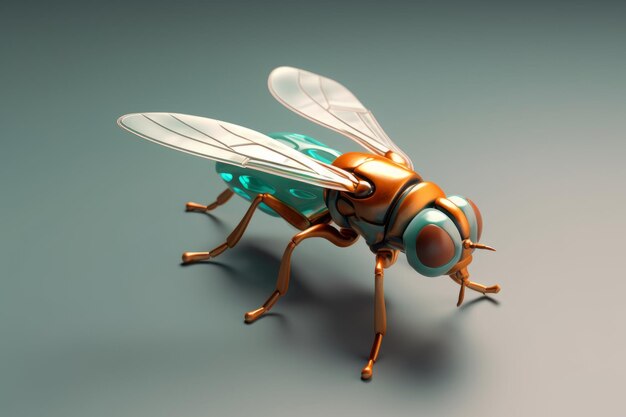 A robot fly with a blue and orange face.