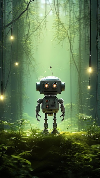 A robot in the forest with glowing eyes