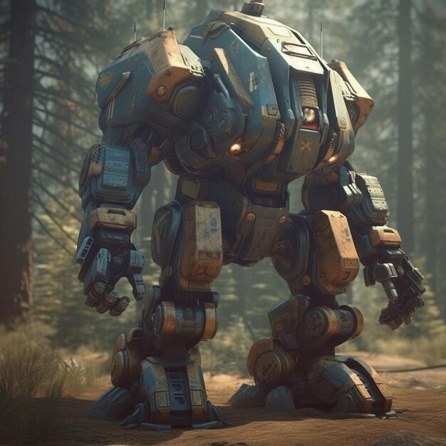 A robot in a forest with the word robot on it.