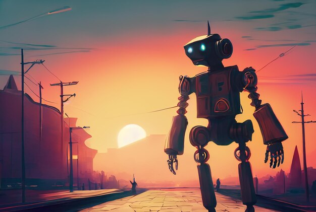 A robot from the 1930's walking in to the sunset vintage movie poster digital art