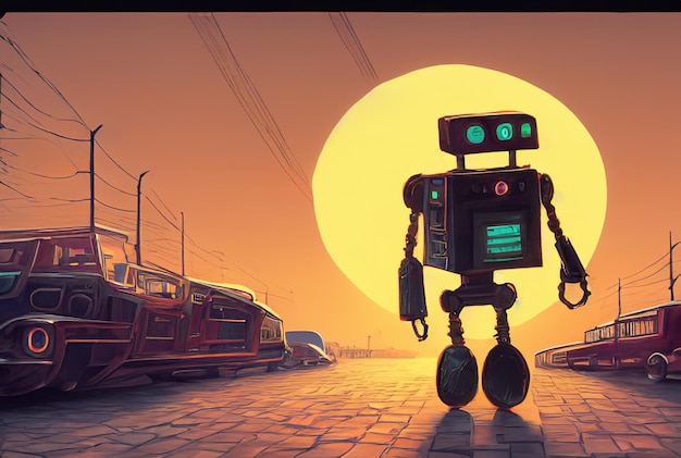 a robot from the 1930's walking in to the sunset vintage movie poster digital art