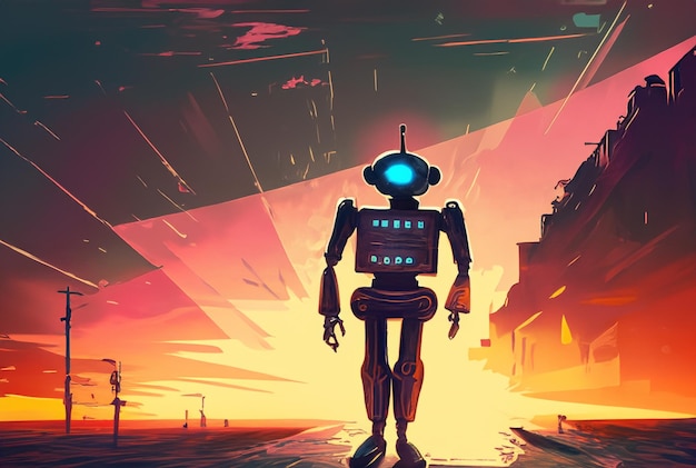 a robot from the 1930's walking in to the sunset vintage movie poster digital art