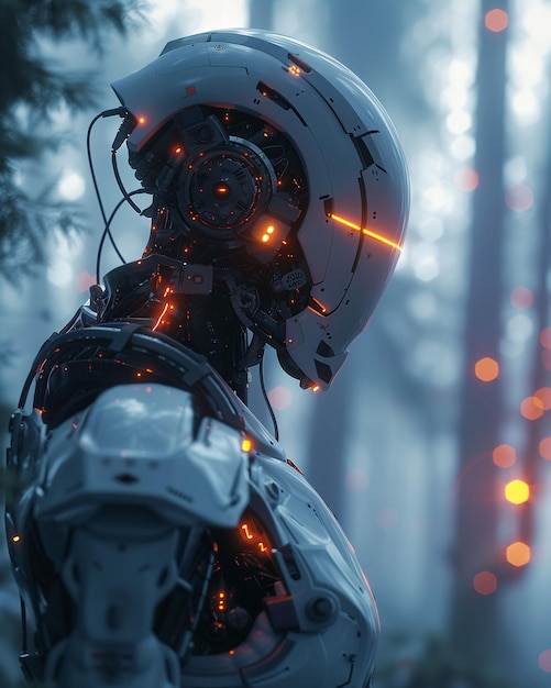 Robot futuristic design hovering in a digital forest under neon lights 3D render backlight lens flare