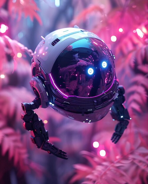 Robot futuristic design hovering in a digital forest under neon lights 3D render backlight lens flare