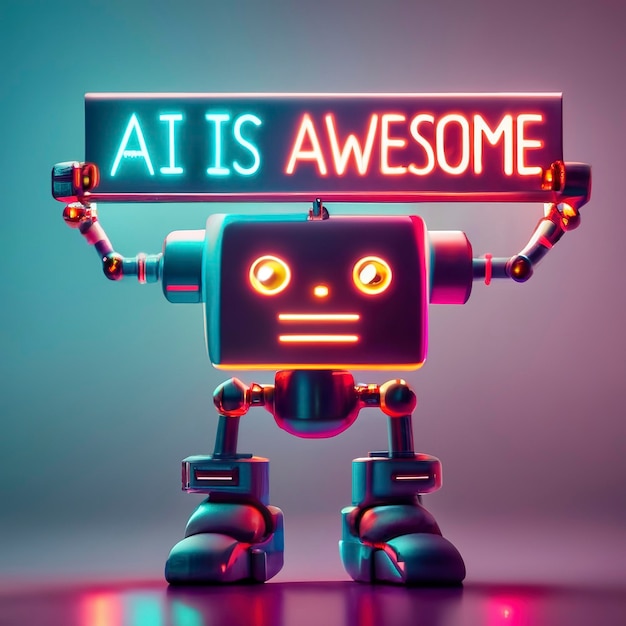 Robot gekleurd in neonlichten met een bord met de tekst AI is Awesome
