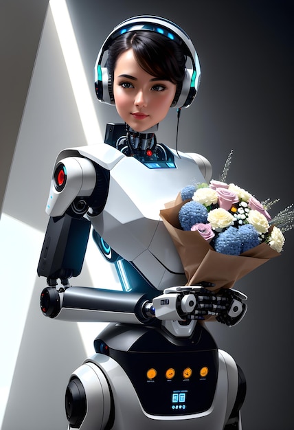Robot girl with flowers human emotions in an artificial intelligence ai generated
