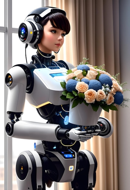 写真 花を持ったロボットガール 人間の感情を人工知能で生成した