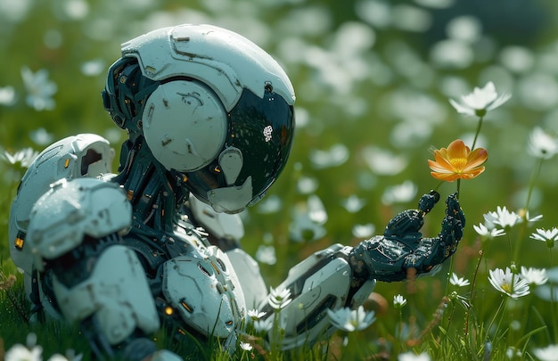 ロボットが女性に花を贈る ヒューマノイドロボットが緑の草の上で花を手に持っている