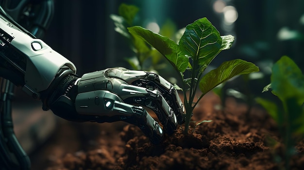 ロボットと緑の植物