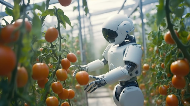 A robot in a greenhouse with a bunch of tomatoes.