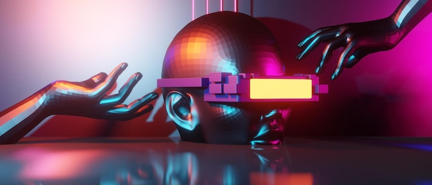 ロボットの手の抽象的な背景ビデオ ゲームの e スポーツ フィクション ゲーム サイバー パンク vr 仮想現実シミュレーションとメタバース シーン スタンド台座ステージ 3 d イラスト レンダリング未来的なネオンの輝き