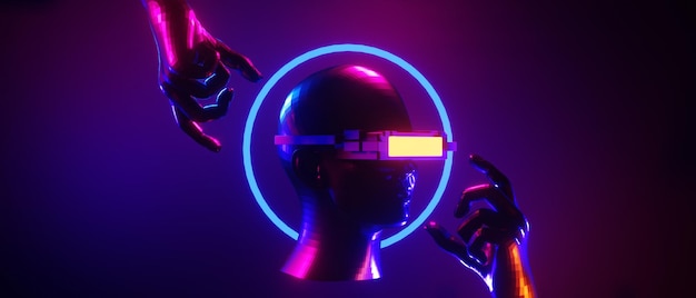 Robot hand abstracte achtergrondkleur videospel van esports scifi gaming cyberpunk vr virtuele realiteit simulatie en metaverse scène stand voetstuk stadium 3d illustratie weergave futuristische neon gloed