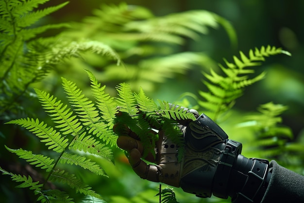 Photo robot hand and a fern leaf robot in nature world environment day happy earth day green environment ai generated