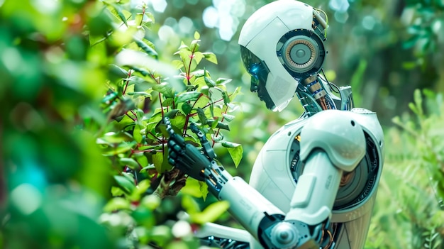 Robot hand gently touching green leaves