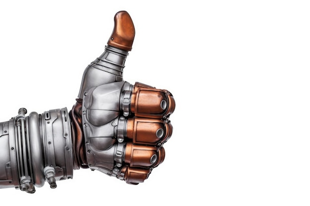 A robot hand giving thumbs up isolated on white background Generative AI